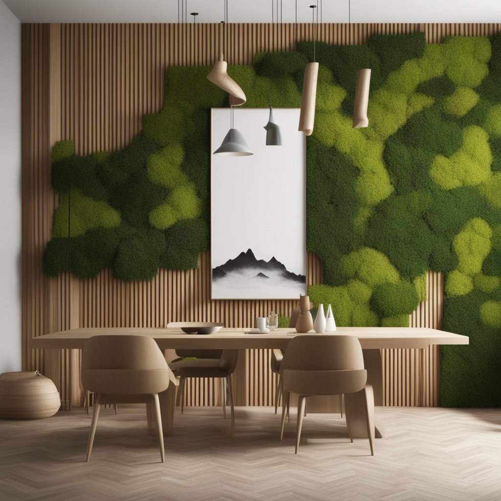 Een visuele render van MossWall ter plaatse van een eetkamer.